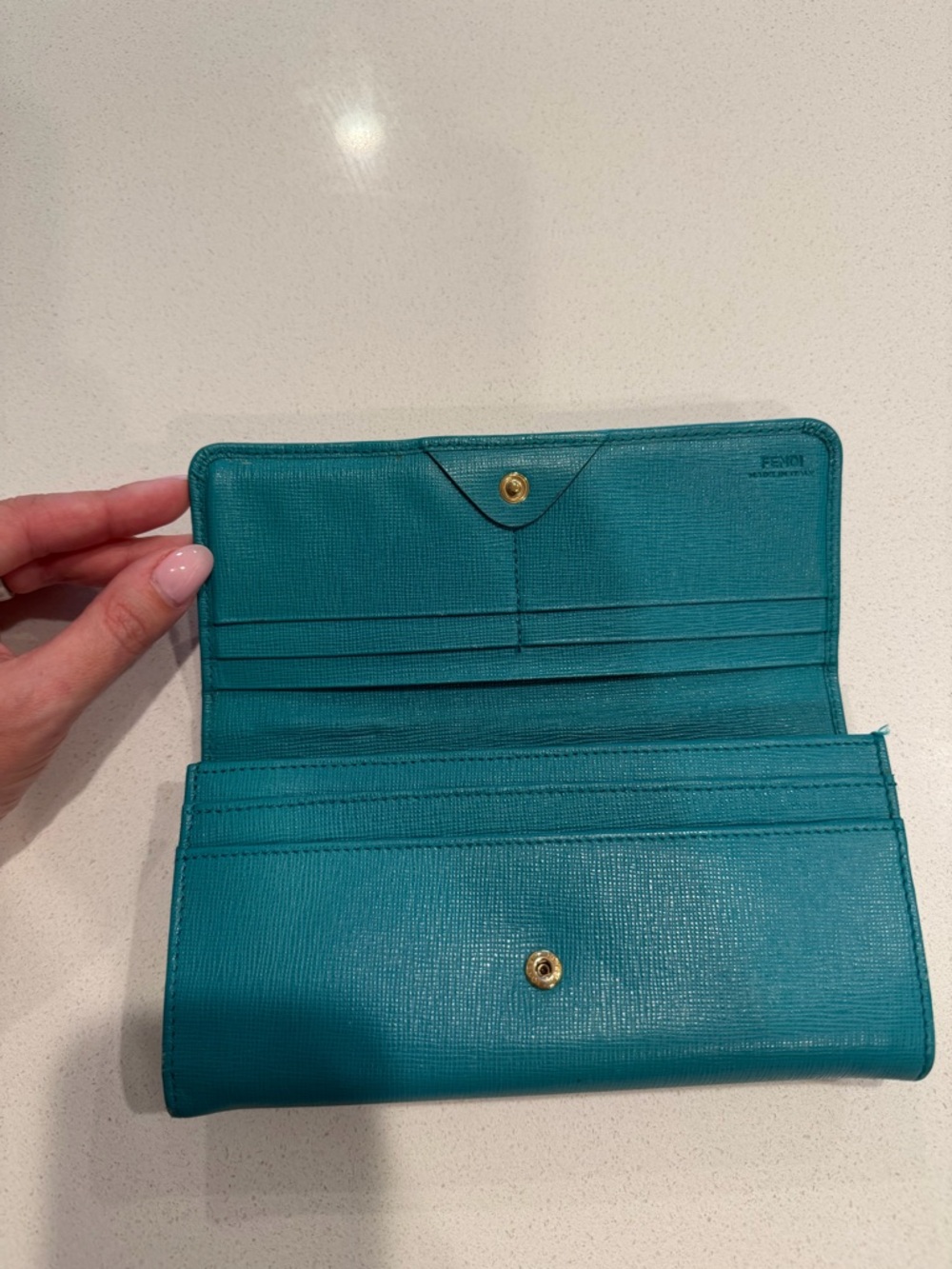 Fendi Teal Leather Continental Wallet with Yellow Fendi Box, Bag, and Dustbag - Picture 7 of 9